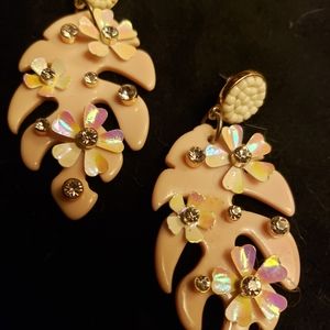 Betsey Johnson Peachy Palm Leaf Earrings with Enamel Flowers and Crystals.